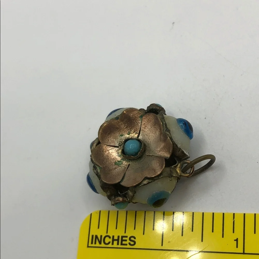 Vintage Brass Turkish Evil Eye Sphere Charm Pendant | Flower & Turquoise Accent